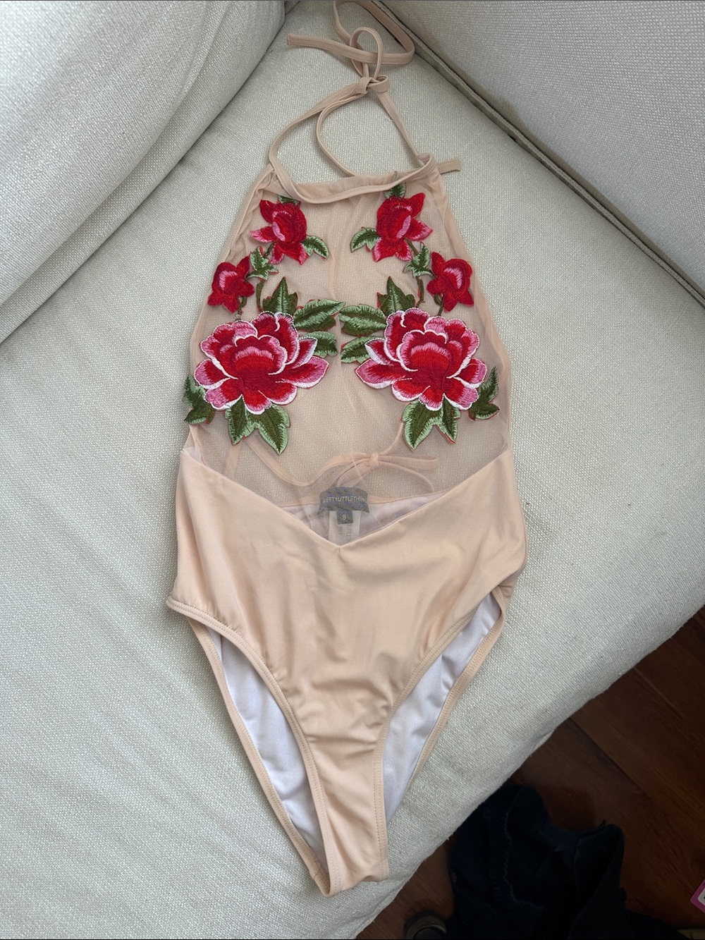 PrettyLittleThing Nude Mesh One-Piece Swimsuit with Red Floral Appliqué